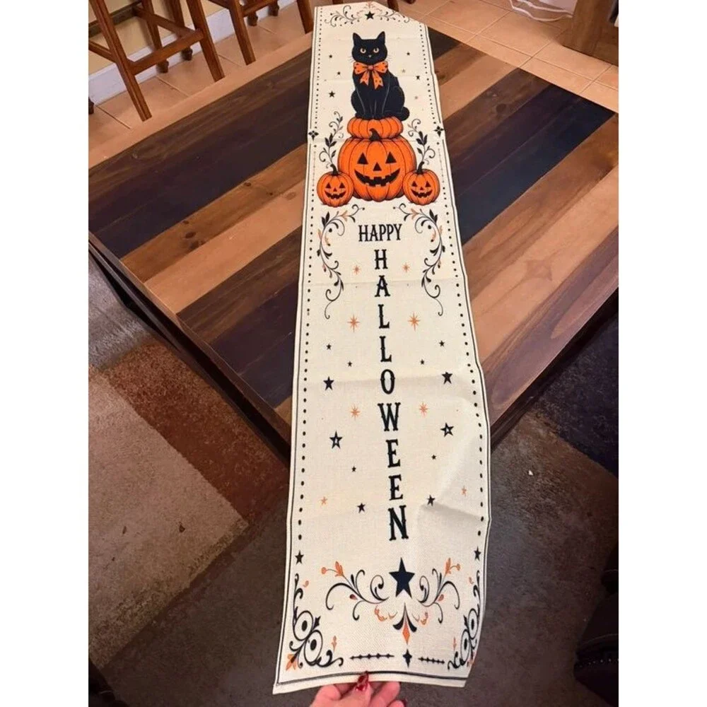 New! Halloween Table Runner with Cat and Pumpkins
